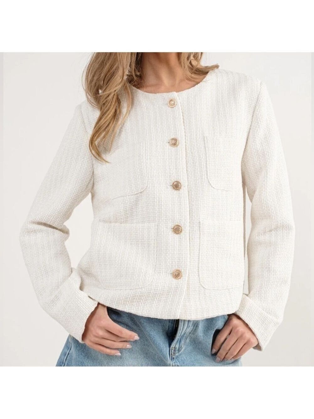 Aaron & Amber Tweed White Round Neck Gold Button 4-Pocket Blazer Jacket